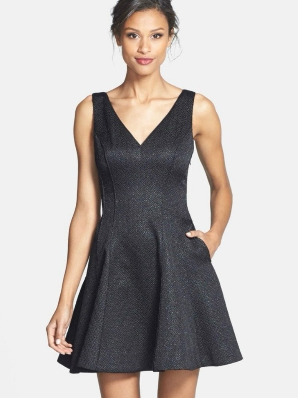ERIN by Erin Fetherston Black Textured V-Neck Fit & Flare Mini Dress